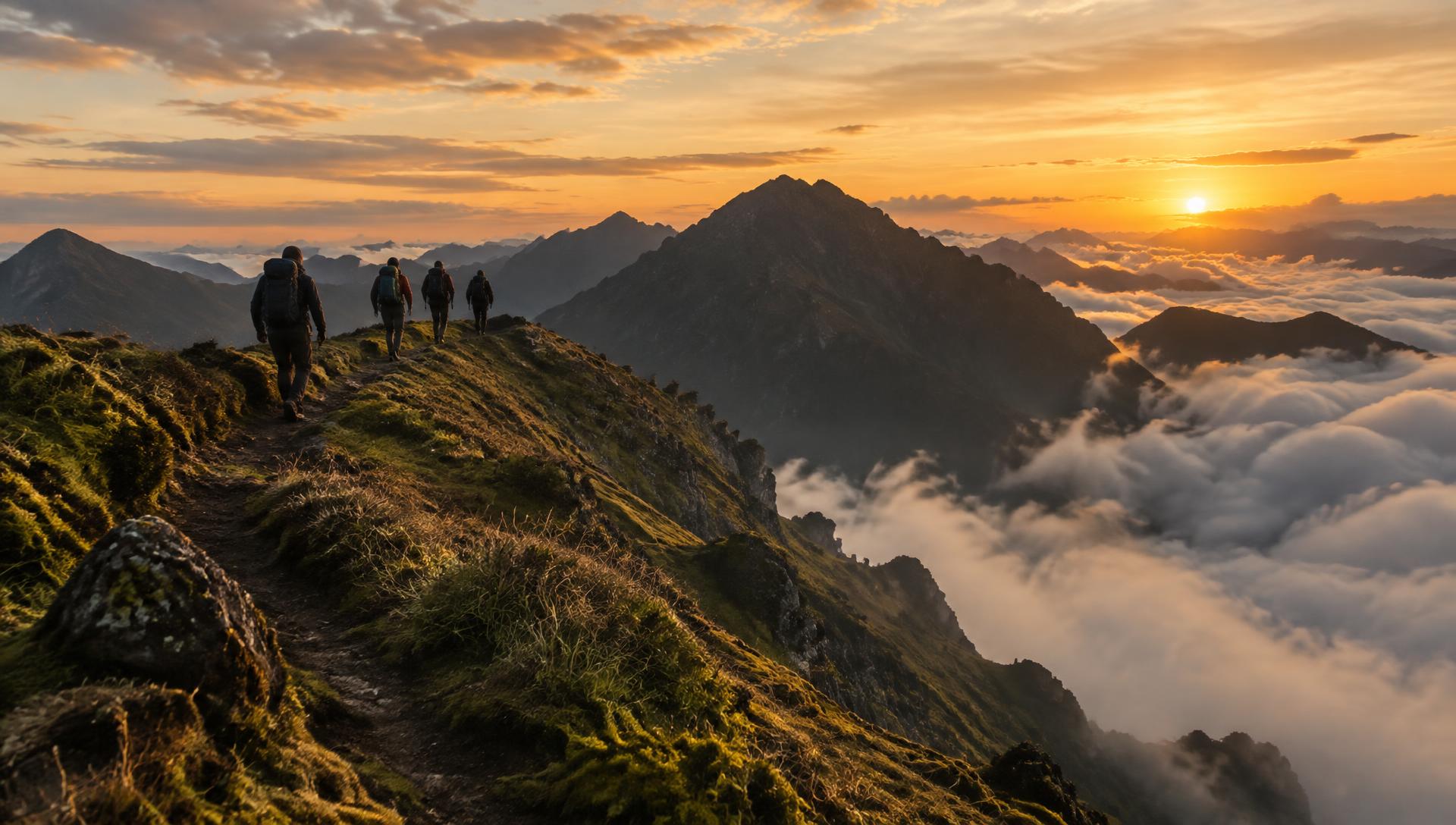 Grupo de senderistas en una cresta de montaña al amanecer